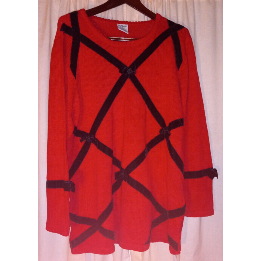 Vintage Hillard & Hanson Red with Black Velvet Ribbon Christmas Sweater 2X Ramie